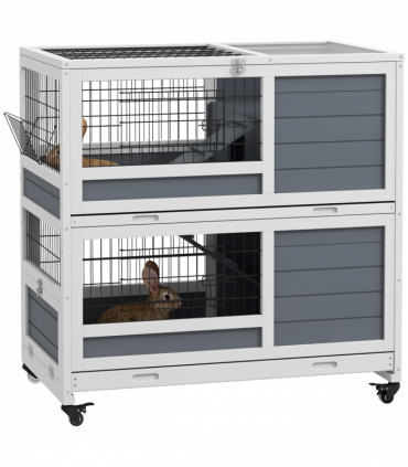 PawHut Double Deckers Indoor Rabbit Hutch w/ Feeding Trough, Slide-Out Trays