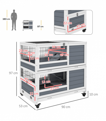 PawHut Double Deckers Indoor Rabbit Hutch w/ Feeding Trough, Slide-Out Trays