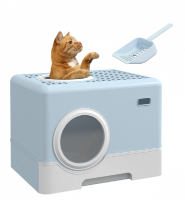PawHut Enclosed Cat Litter Tray with Lid, Front Entry, Top Exit, Scoop - Blue