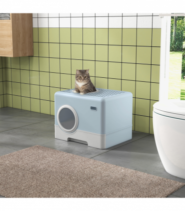PawHut Enclosed Cat Litter Tray with Lid, Front Entry, Top Exit, Scoop - Blue