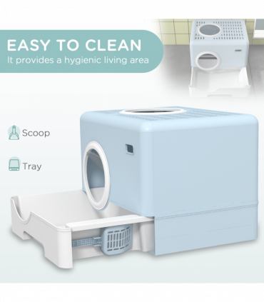 PawHut Enclosed Cat Litter Tray with Lid, Front Entry, Top Exit, Scoop - Blue