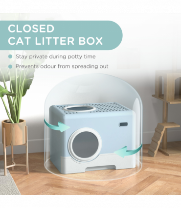 PawHut Enclosed Cat Litter Tray with Lid, Front Entry, Top Exit, Scoop - Blue
