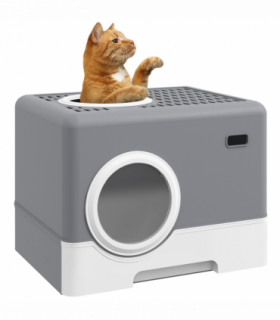 PawHut Enclosed Cat Litter Tray with Lid, Front Entry, Top Exit, Scoop - Grey