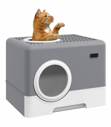 PawHut Enclosed Cat Litter Tray with Lid, Front Entry, Top Exit, Scoop - Grey