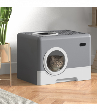 PawHut Enclosed Cat Litter Tray with Lid, Front Entry, Top Exit, Scoop - Grey