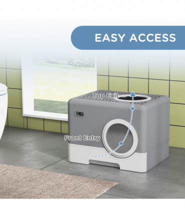 PawHut Enclosed Cat Litter Tray with Lid, Front Entry, Top Exit, Scoop - Grey