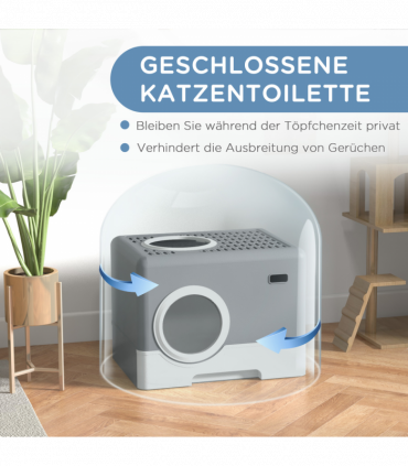 PawHut Enclosed Cat Litter Tray with Lid, Front Entry, Top Exit, Scoop - Grey