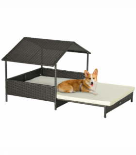 PawHut Extendable Rattan Dog House with Water-Resistant Roof, Cushion - Cream
