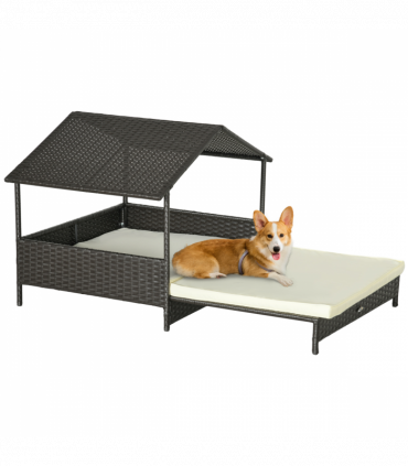 PawHut Extendable Rattan Dog House with Water-Resistant Roof, Cushion - Cream