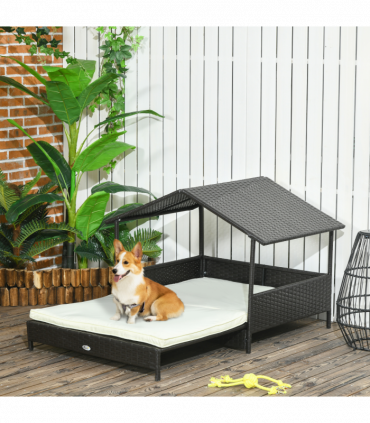 PawHut Extendable Rattan Dog House with Water-Resistant Roof, Cushion - Cream