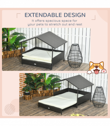 PawHut Extendable Rattan Dog House with Water-Resistant Roof, Cushion - Cream