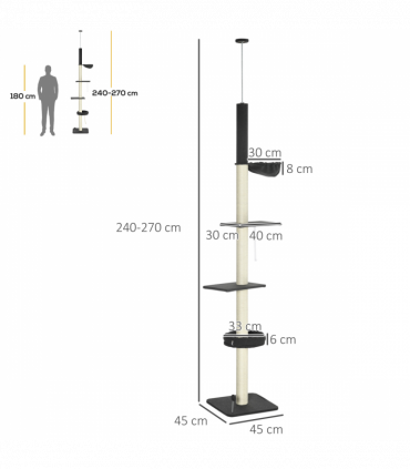 PawHut Floor-To-Ceiling Cat Tree, Height Adjustable, Black