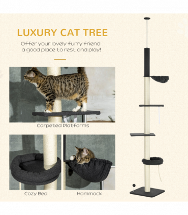PawHut Floor-To-Ceiling Cat Tree, Height Adjustable, Black