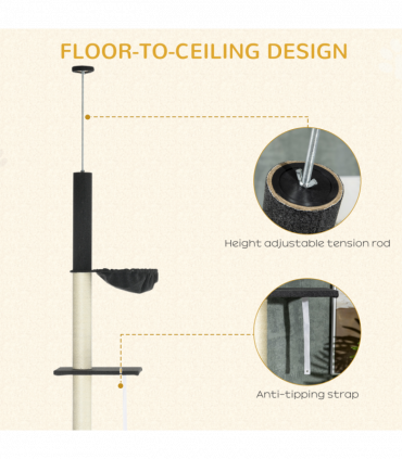 PawHut Floor-To-Ceiling Cat Tree, Height Adjustable, Black