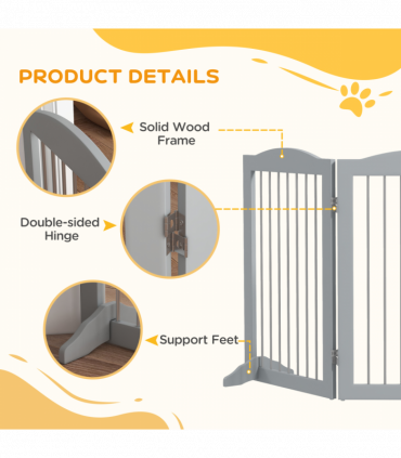 PawHut Foldable Dog Gate, Freestanding Pet Gate with Two Support Feet - Grey