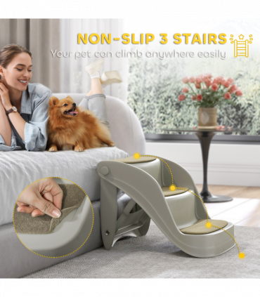 PawHut Foldable Pet Stairs 3 Steps with Non-slip Mats for Small Dogs, Grey
