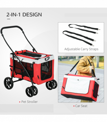 PawHut Foldable Pet Stroller w/ Detachable Carrier, Soft Padding - Red