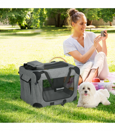 PawHut Folding Pet Carrier Bag House W/ Cushion Storage, Grey 60x41.5x41cm