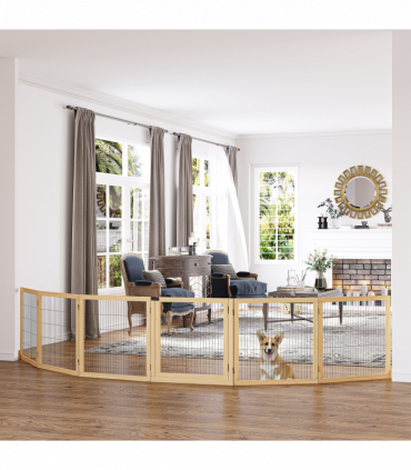PawHut Freestanding Pet Dog Gate, Six-Panel Foldable Wooden Playpen, 432cm