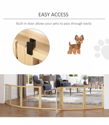 PawHut Freestanding Pet Dog Gate, Six-Panel Foldable Wooden Playpen, 432cm