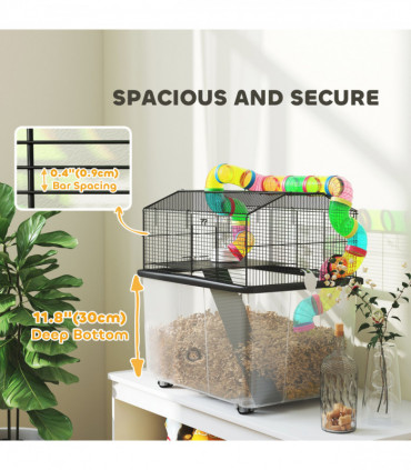 PawHut Hamster Cage with 31cm Deep Tray, Tube System, 58 x 43 x 57cm