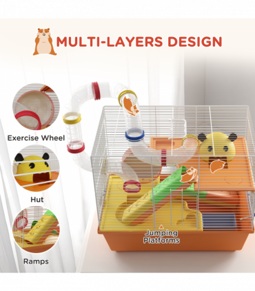 PawHut Hamster Cage, 3 Tiers Gerbil Cage for Dwarf Hamsters with Tubes, Ladder