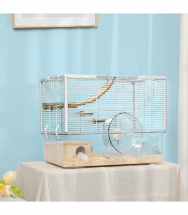 PawHut Hamster Cage, Gerbilarium Cage w/ Deep Bottom, Ramp, Exercise Wheel