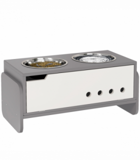 PawHut Height Adjustable Dog Feeding Storage w/ 2 Stainless Steel Bowls