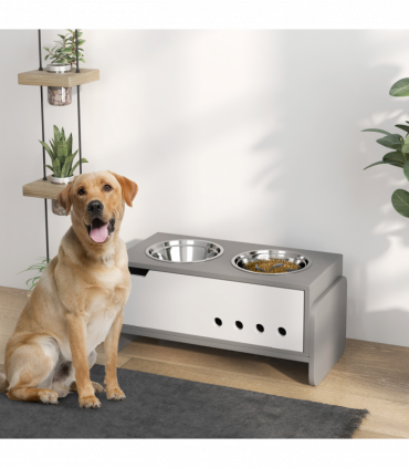 PawHut Height Adjustable Dog Feeding Storage w/ 2 Stainless Steel Bowls