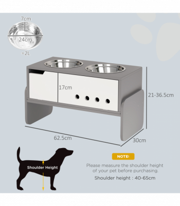 PawHut Height Adjustable Dog Feeding Storage w/ 2 Stainless Steel Bowls