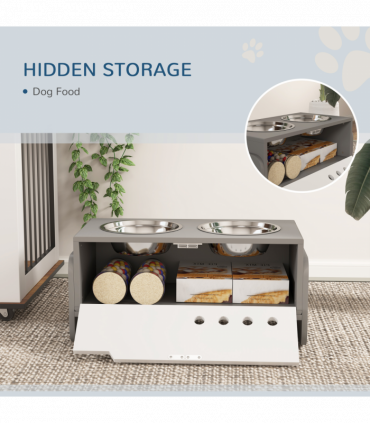 PawHut Height Adjustable Dog Feeding Storage w/ 2 Stainless Steel Bowls