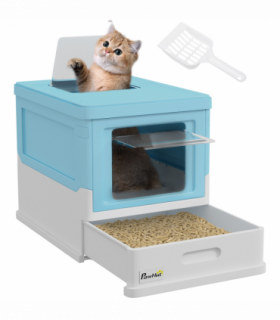 PawHut Hooded Cat Litter Box, Pet Toilet w/ Scoop, Tray - Light Blue