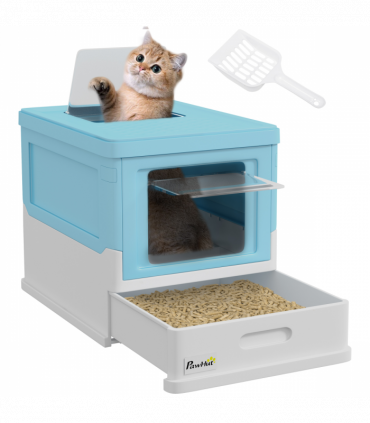 PawHut Hooded Cat Litter Box, Pet Toilet w/ Scoop, Tray - Light Blue
