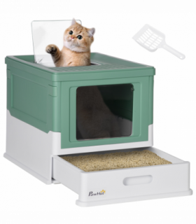 PawHut Hooded Cat Litter Box, Portable Pet Toilet w/ Scoop, Tray - Green