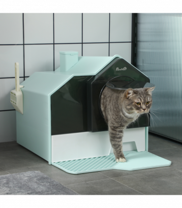 PawHut Hooded Cat Litter Tray w/ Scoop, Drawer Pan Handle Deodorants Light Blue