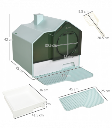 PawHut Hooded Cat Litter Tray w/ Scoop, Drawer Pan Handle Deodorants Light Blue