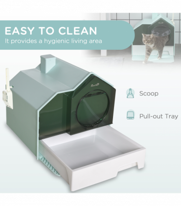 PawHut Hooded Cat Litter Tray w/ Scoop, Drawer Pan Handle Deodorants Light Blue