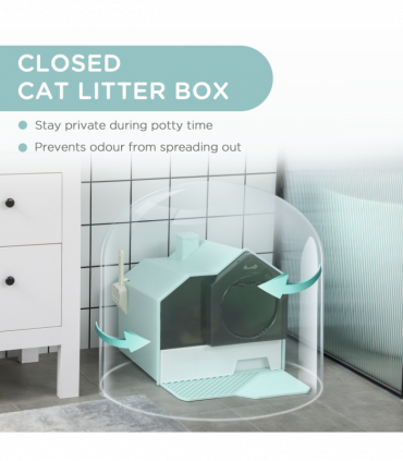 PawHut Hooded Cat Litter Tray w/ Scoop, Drawer Pan Handle Deodorants Light Blue