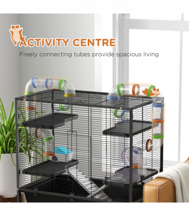PawHut Large Hamster Cage, Rat Cage with Wheels, Tubes, Storage Shelf, Ramps