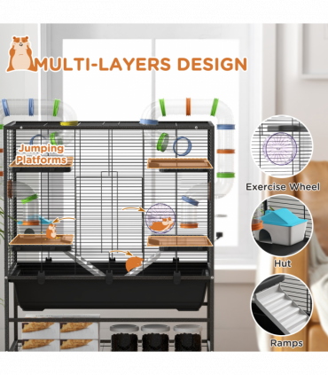 PawHut Large Hamster Cage, Rat Cage with Wheels, Tubes, Storage Shelf, Ramps