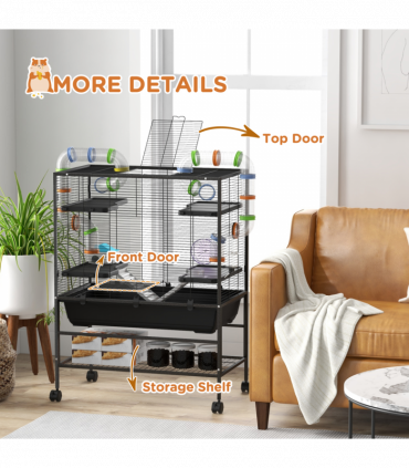 PawHut Large Hamster Cage, Rat Cage with Wheels, Tubes, Storage Shelf, Ramps