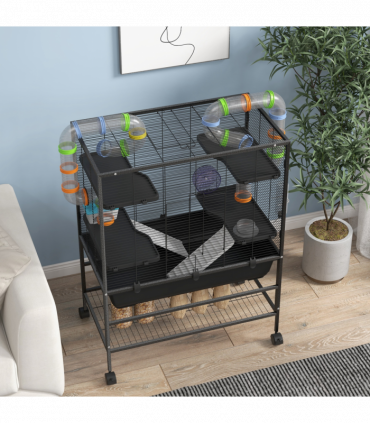 PawHut Large Hamster Cage, Rat Cage with Wheels, Tubes, Storage Shelf, Ramps