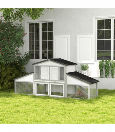 PawHut Large Rabbit Hutch with Run, Tray, Ramp, Wooden Guinea Pig House, Grey