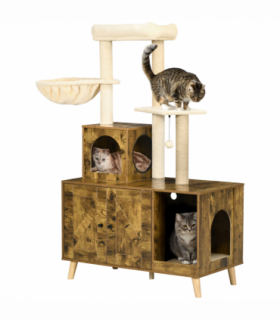 PawHut Litter Box Enclosure with Cat Tree Tower, Hammock, Cushion