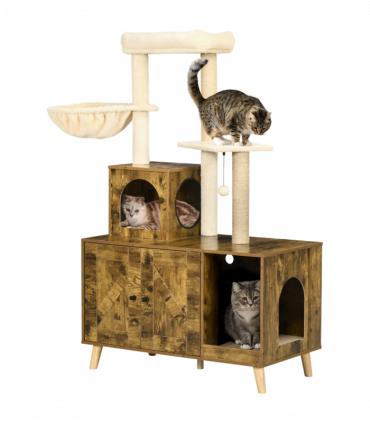 PawHut Litter Box Enclosure with Cat Tree Tower, Hammock, Cushion