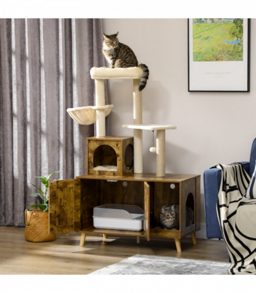 PawHut Litter Box Enclosure with Cat Tree Tower, Hammock, Cushion