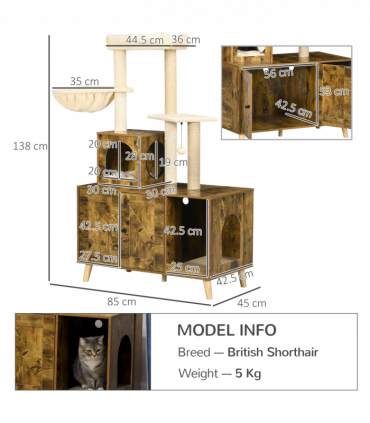PawHut Litter Box Enclosure with Cat Tree Tower, Hammock, Cushion