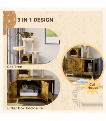 PawHut Litter Box Enclosure with Cat Tree Tower, Hammock, Cushion