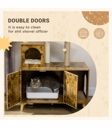 PawHut Litter Box Enclosure with Cat Tree Tower, Hammock, Cushion