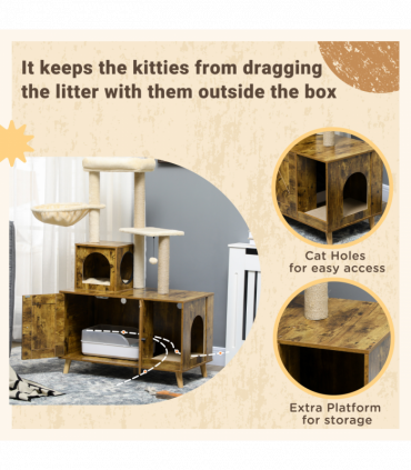 PawHut Litter Box Enclosure with Cat Tree Tower, Hammock, Cushion